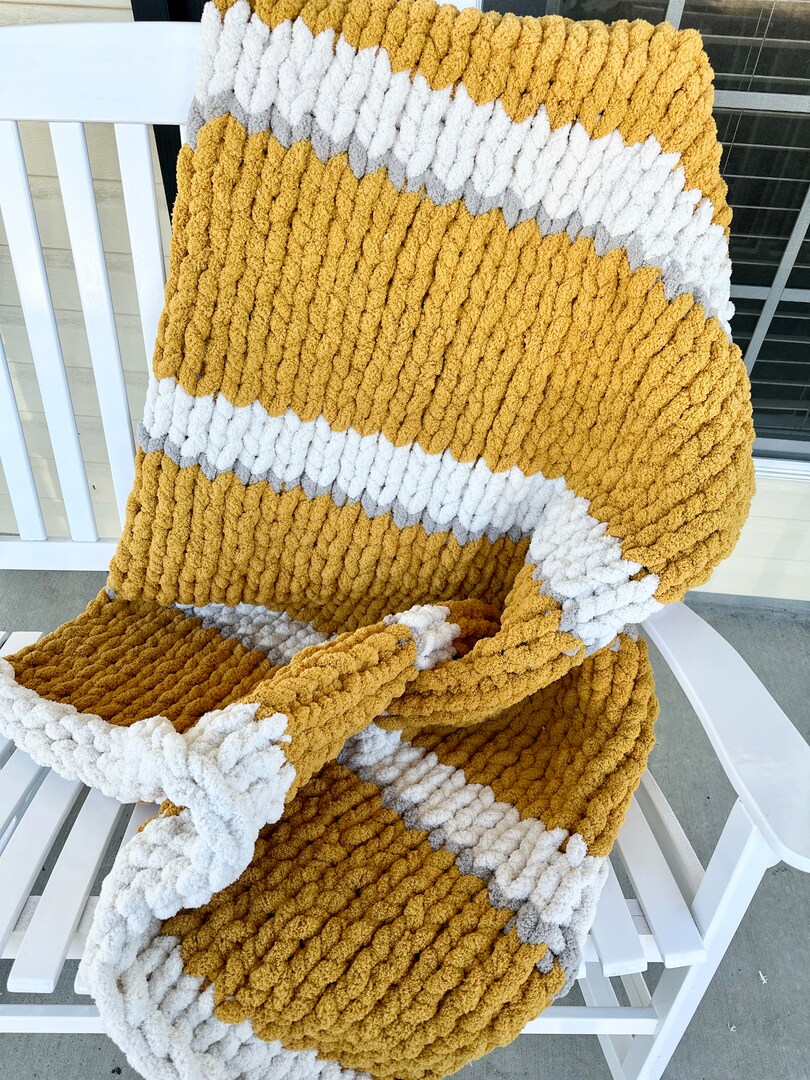 Mustard Yellow and White stripe Chunky Hand Knit blanket Chunky Chenille Blanket MakerPlace by Michaels